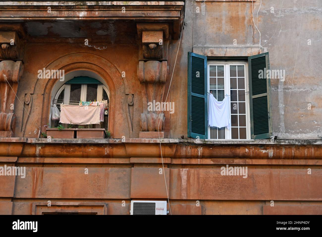 Laundry outside the window in Italy. Stock Photo