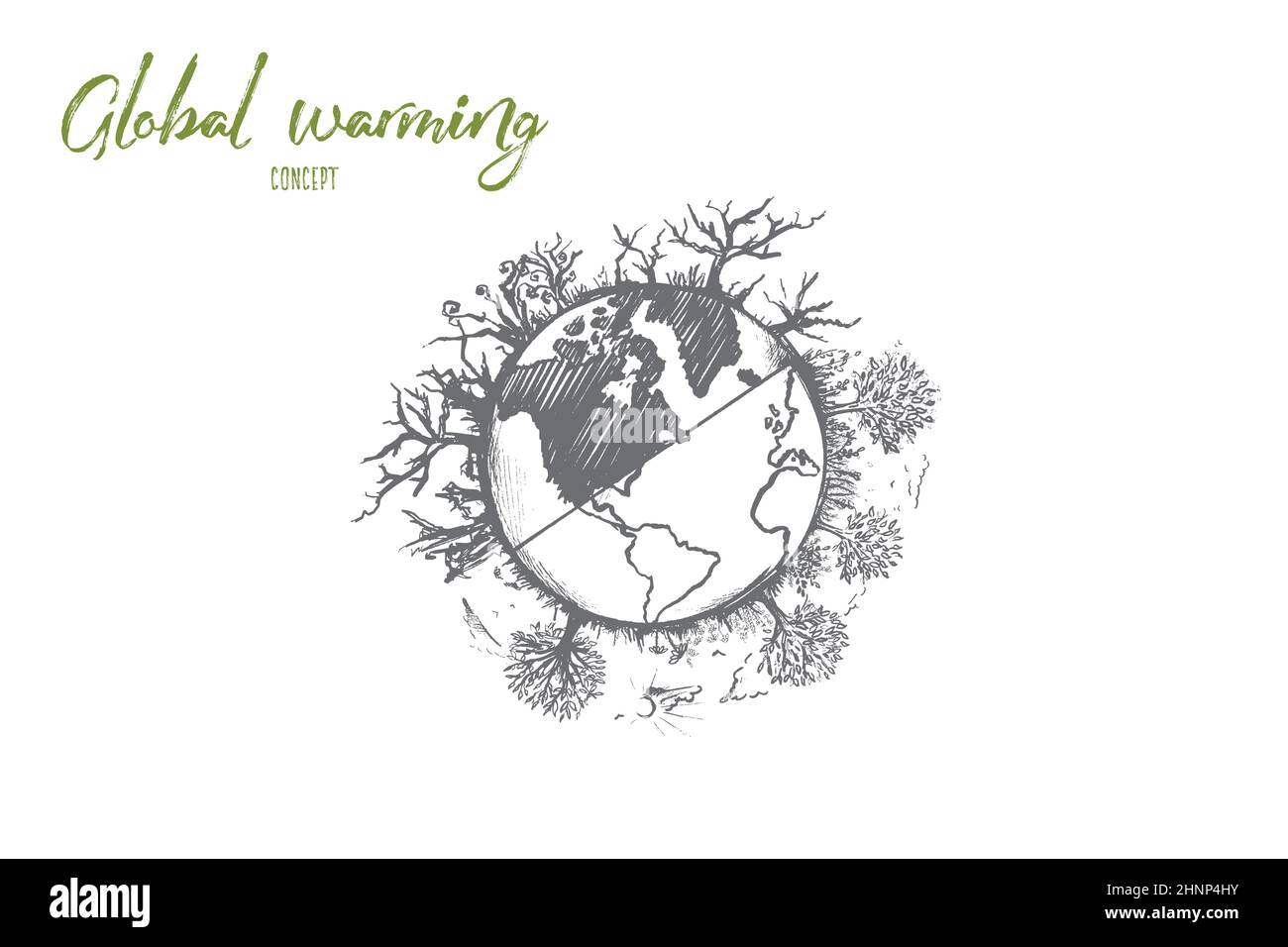 Global warming concept. Hand drawn effect of arid land with tree
