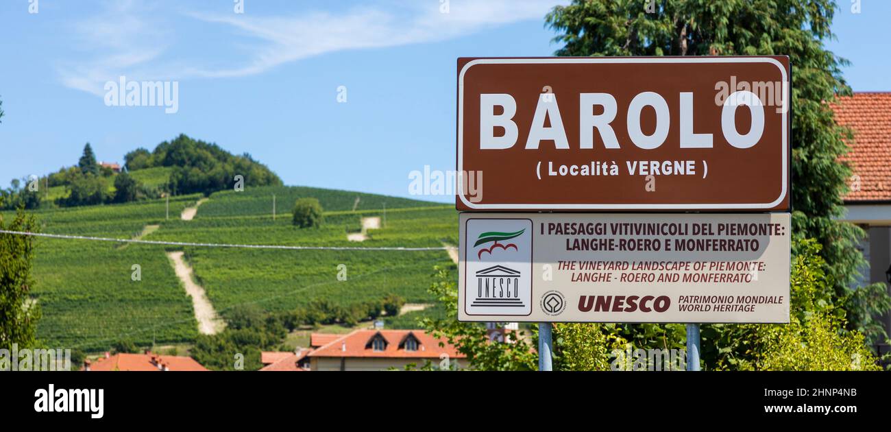 Barolo village road sign, Unesco site, Italy Stock Photo