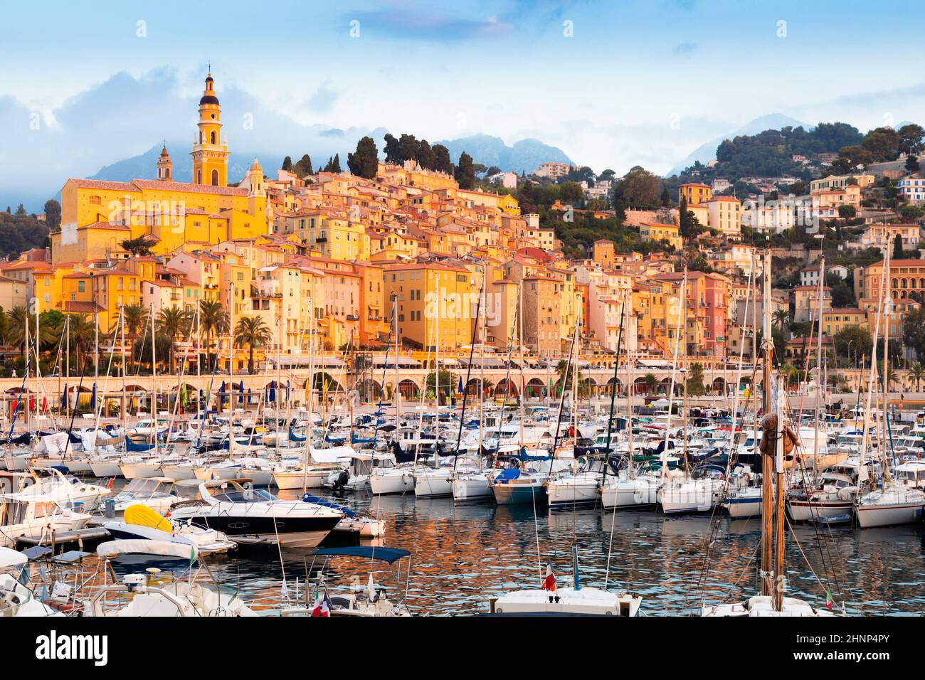 Menton on the French Riviera, named the Coast Azur, located in the South of France at sunrise Stock Photo