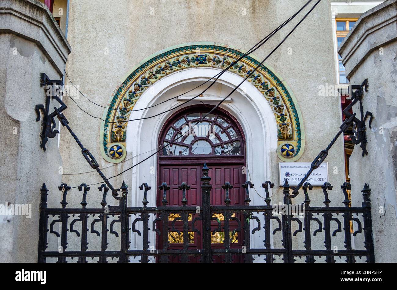 BUCHAREST, ROMANIA - NOVEMBER 10, 2013: Facade of 'Ion Heliade Radulescu' School, a well-preserved building, built in neo-Romanian style, a historical monument in Bucharest, Romania Stock Photo