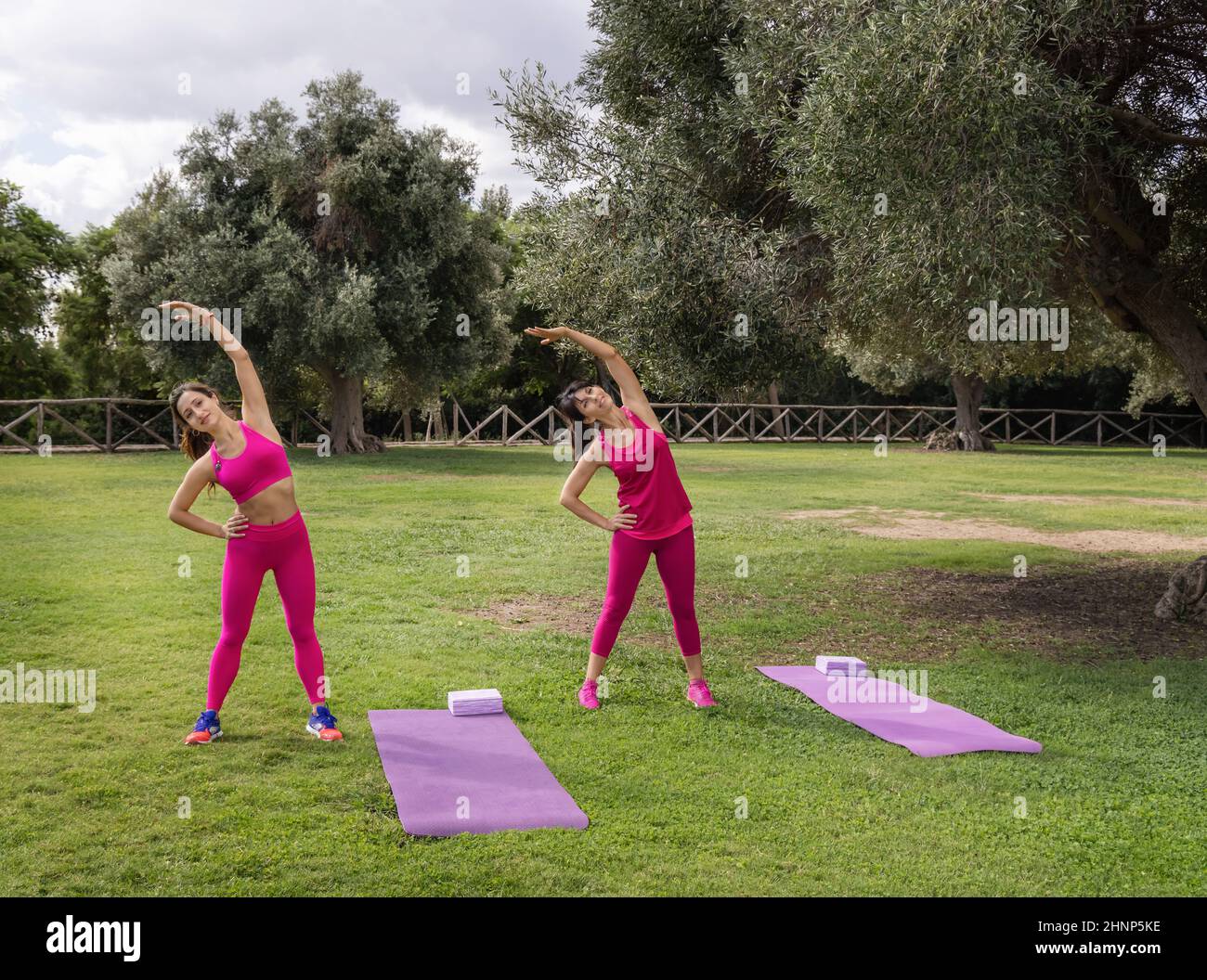 Two barefoot women practicing fitness or stretching in park on summer Stock Photo