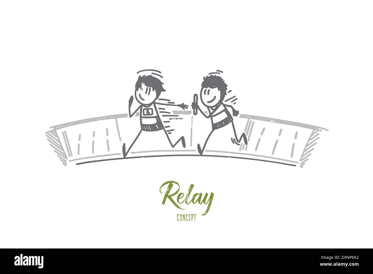 Relay concept. Hand drawn relay race handing over from one player to another. Process of game isolated vector illustration. Stock Photo