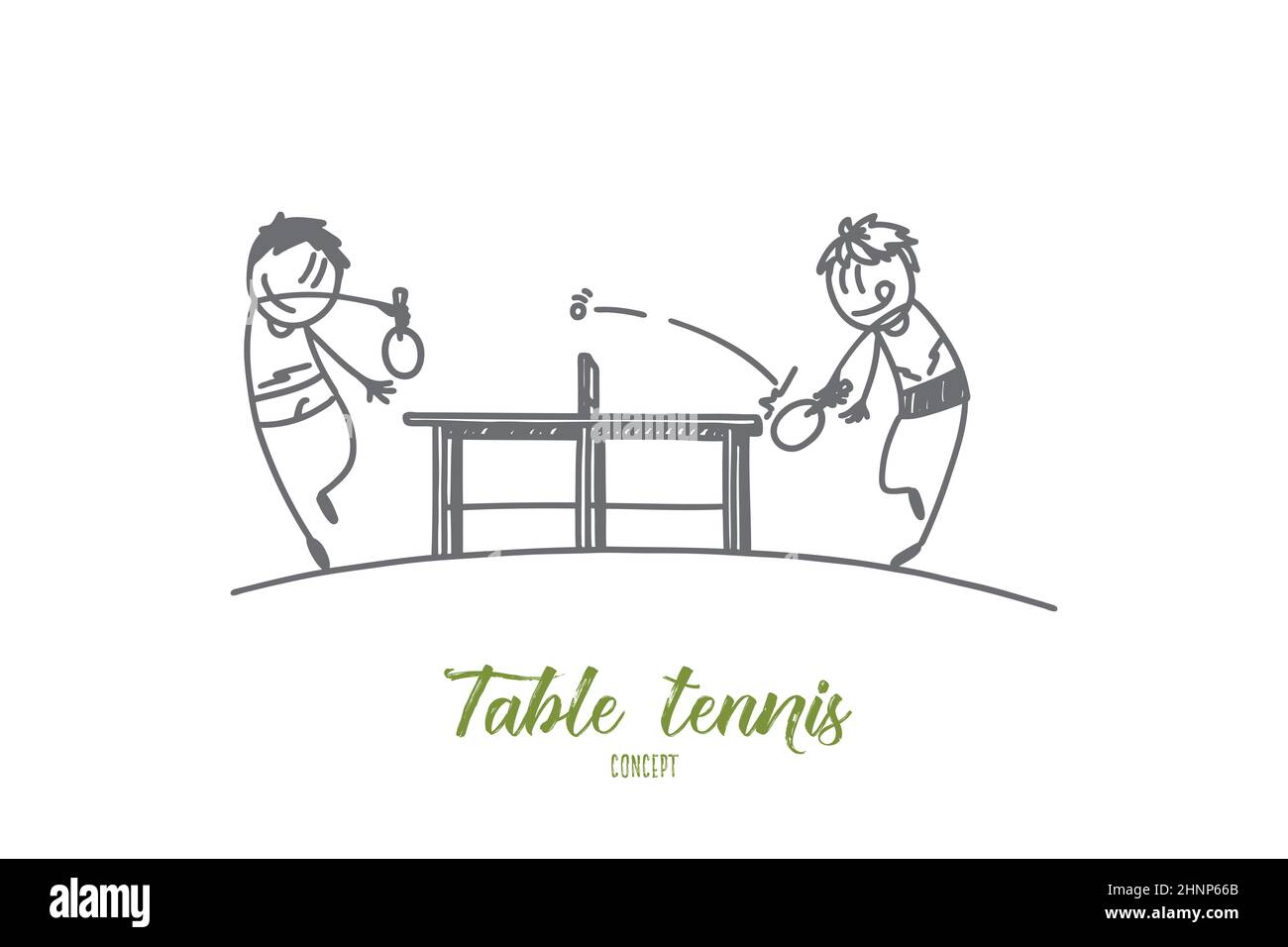 Table tennis concept. Hand drawn portrait of two male athletes playing table tennis. Sportsmen with rockets isolated vector illustration. Stock Photo