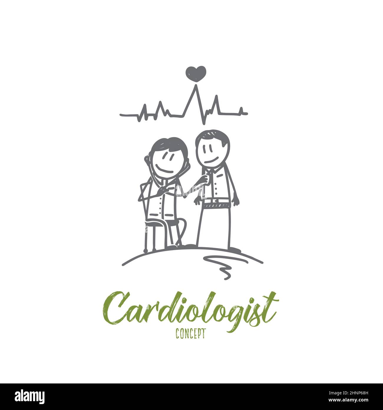 Cardiologist concept. Hand drawn doctor cardiologist with a patient