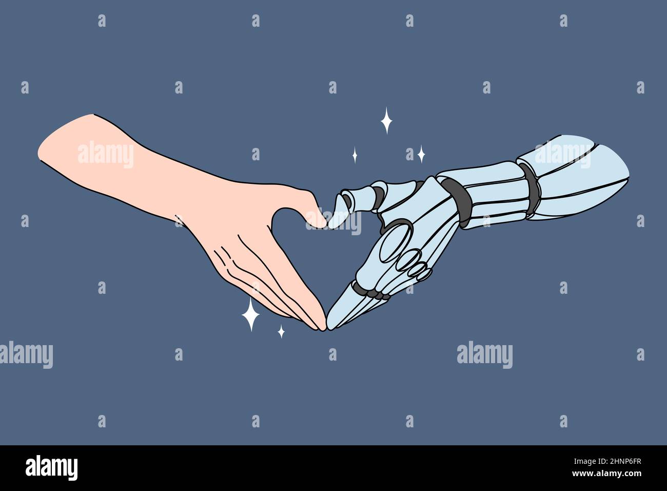 Touching human and robotic hands. Vector concept illustration of future ...