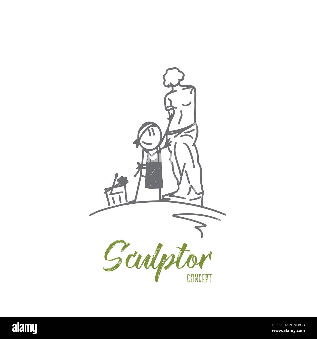 Sculptor concept. Hand drawn sculptor cuts stone sculpture. Smiling