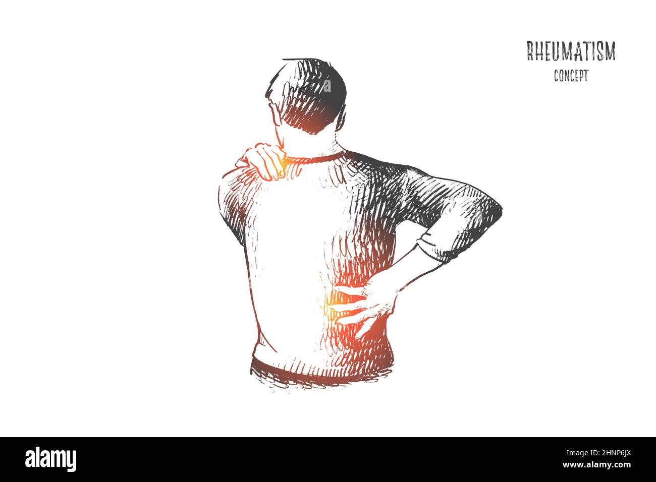 Muscle Rheumatism Rheumatism concept. Hand drawn man suffering from back and neck pain ...