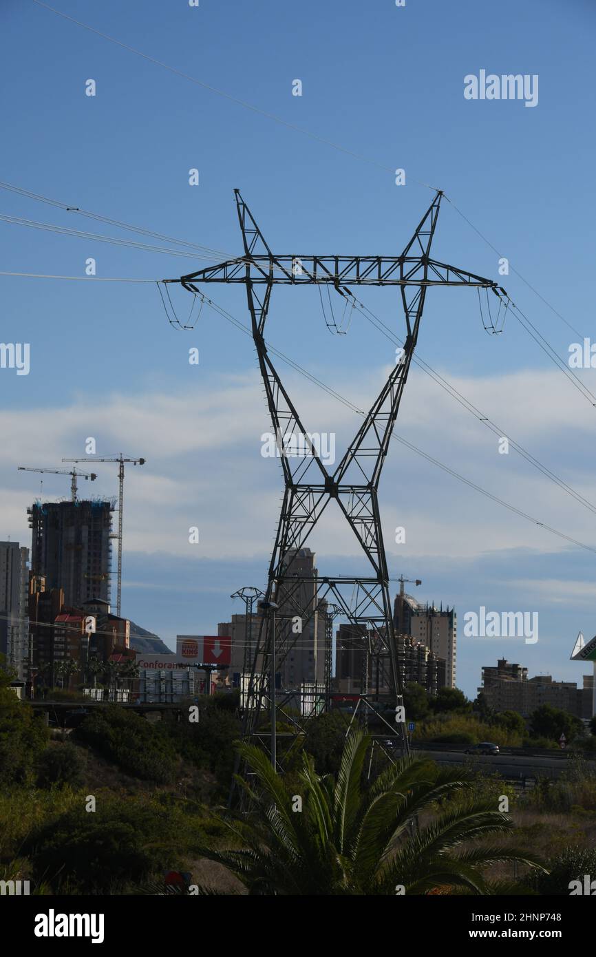 High voltage pylon with overhead lines in Spain Stock Photo