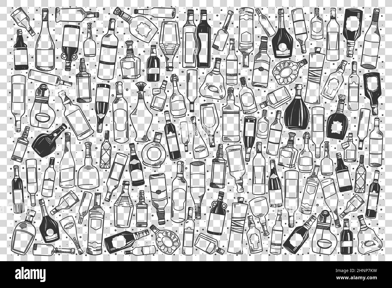 Alcohol doodle set. Collection of pencil chalk hand drawn drawing sketches templates of alcoholic beverages whiskey vodka wine rum champagne on transp Stock Photo