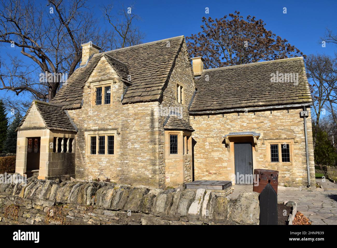 A 1619 Cotswold cottage at Greenfield Village, an 80-acre open air site & part of the Henry Ford museum complex in Dearborn, Detroit, Michigan, USA. Stock Photo