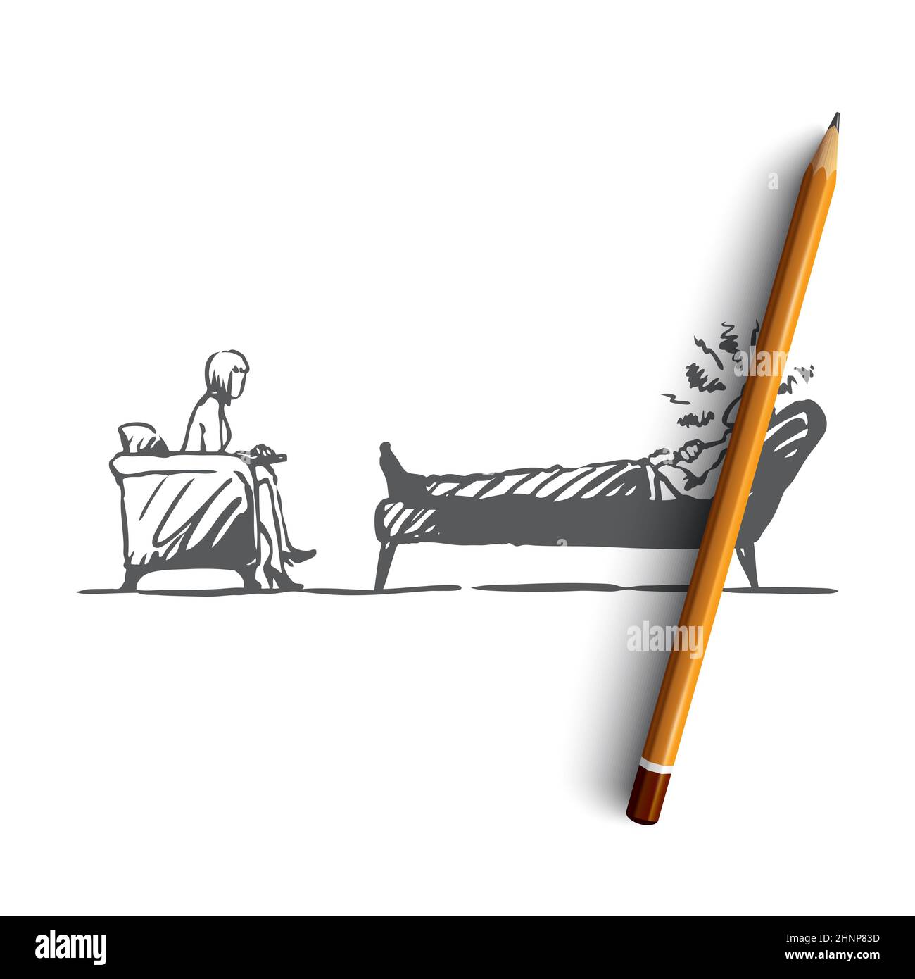 Psychologist, doctor, patient, therapy, stress concept. Hand drawn ...