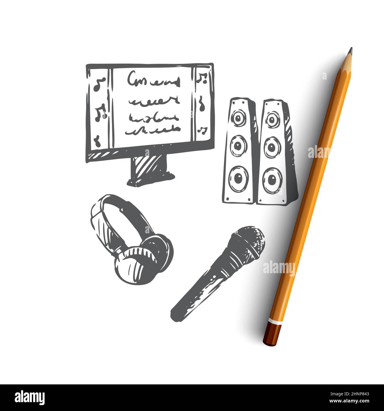 Karaoke, accessories, music, microphone, earphone concept. Hand drawn