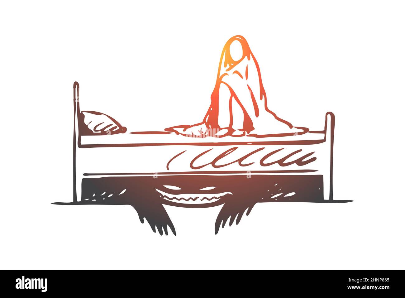 Bed, monster, child, horror, scary concept. Hand drawn scared baby ...