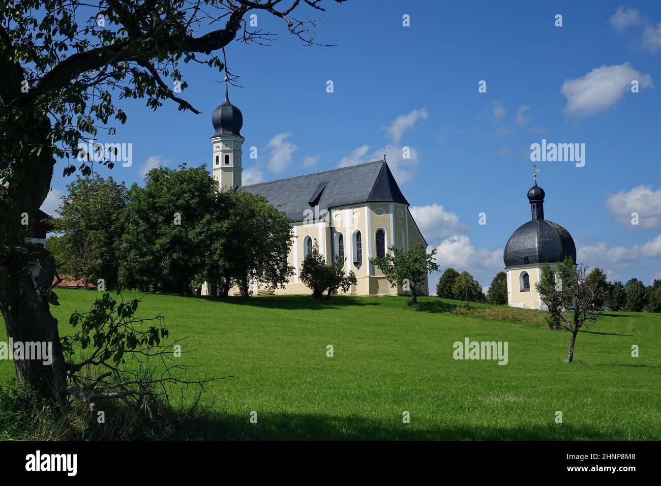 Bavarian, Upper Bavaria, Landkreis Miesbach, Irschenberg, Wilparting, Pilgrimage church St. Marinus und Anianus, Onion dome tip Stock Photo