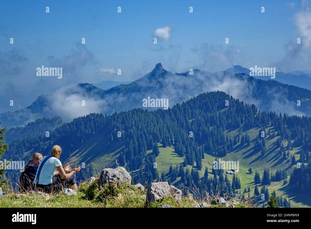 Bavarian, Upper Bavaria, Chiemgau mountains, Kampenwand, Hikerscouple, Hiking paradise, vacacion Stock Photo