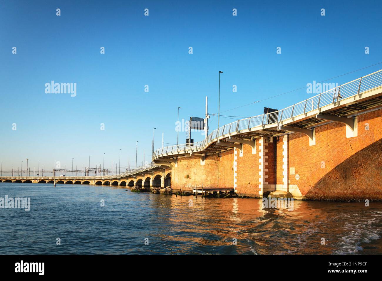 Brick bridge over laguna from venice to mestre in italy Stock Photo