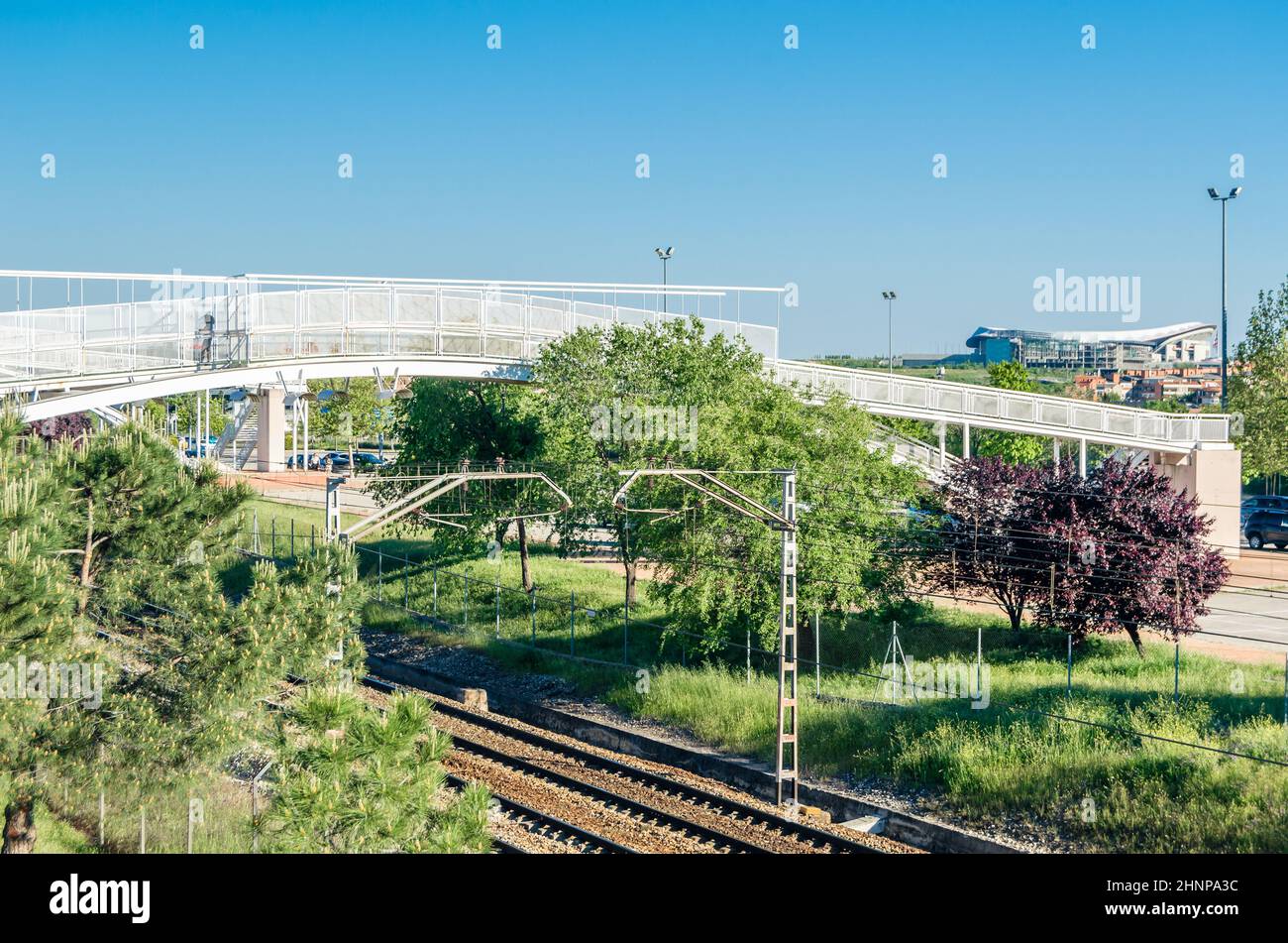 MADRID, SPAIN - MAY 4, 2021: Wanda Metropolitano Stadium in Madrid, Spain (home stadium of Atlético Madrid), seen from Juan Carlos I Park Stock Photo