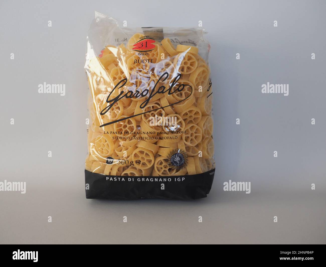 NAPLES - CIRCA DECEMBER 2021: Garofalo packet of wheels pasta Stock Photo