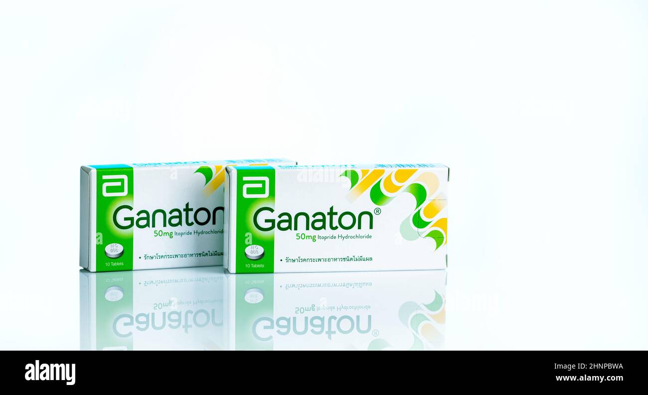 CHONBURI, THAILAND-NOVEMBER 22, 2021 : Ganaton product of Abbott Laboratories. Ganaton tablets in paper box packaging on white background. Itopride prescribed for non-ulcer dyspepsia and gastroparesis Stock Photo