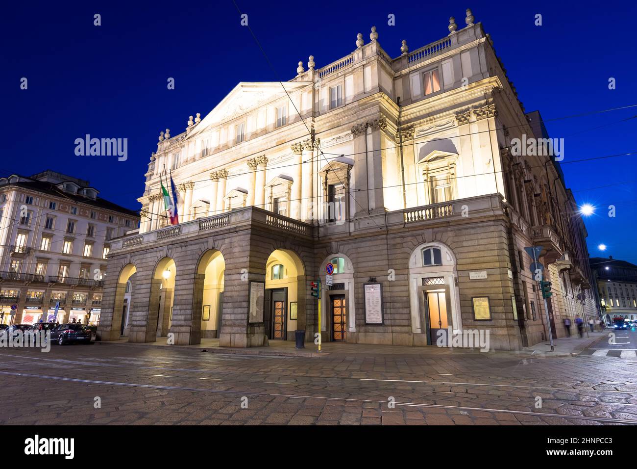 Theatre La Scala in Milan, Italy, by night. One of the most famous Italian buildings - 1778. Stock Photo