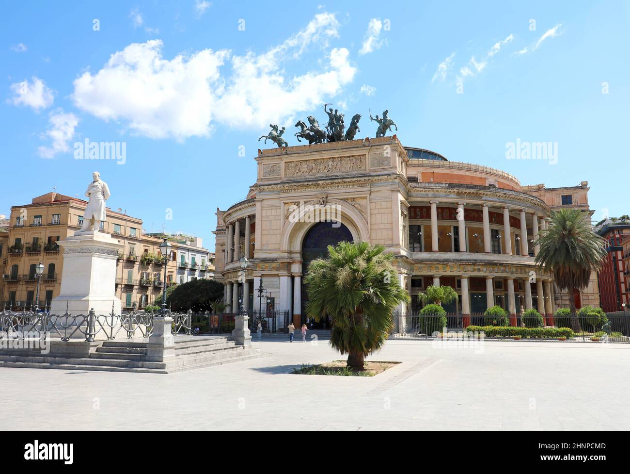 PALERMO, ITALY - JULY 05, 2020: POLITEAMA GARIBALDI theatre and monument to RUGGIERO SETTIMO in Palermo, Sicily, Italy Stock Photo