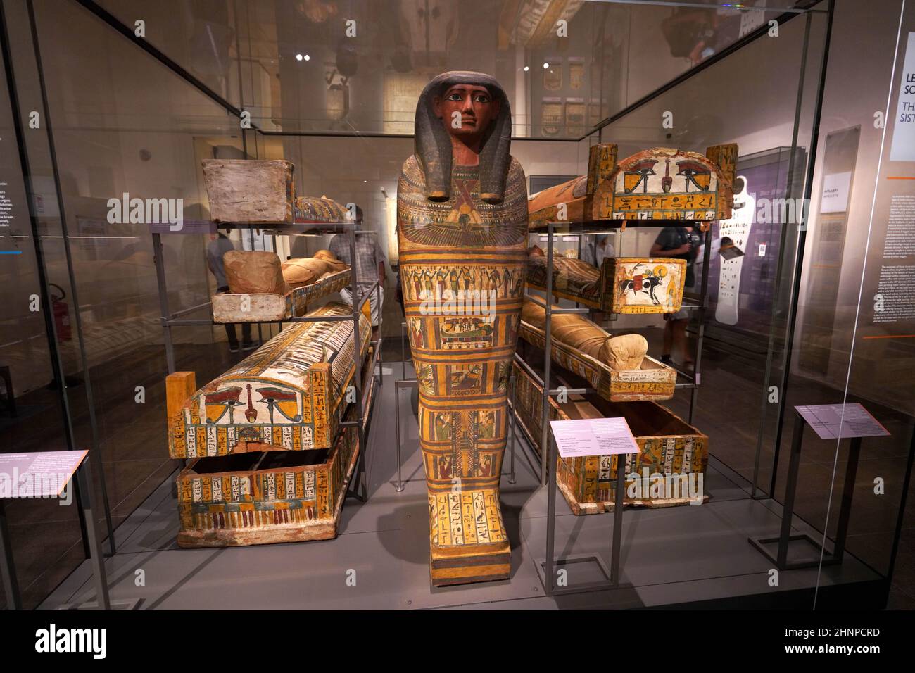 TURIN, ITALY - AUGUST 19, 2021: Inner coffin of Tamit and Egyptian sarcophagi with mummy, Egyptian Museum of Turin, Italy Stock Photo