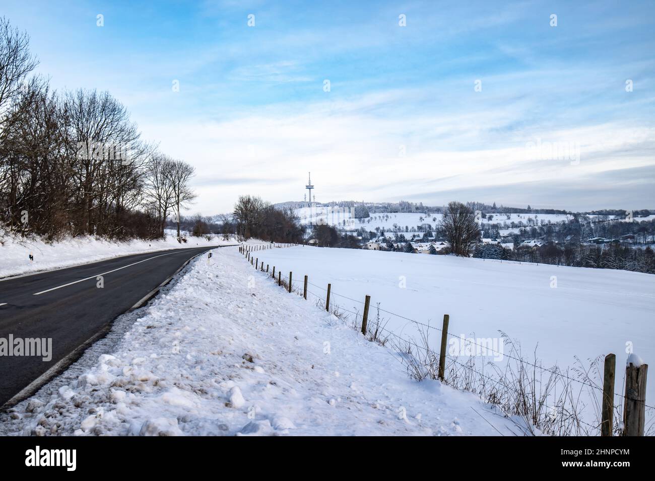 View to Hoherodskopf in Hesse Germany in winter season with snow. Stock Photo