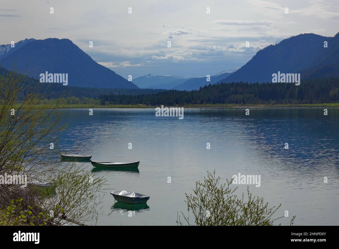 Germany, Bavaria, Upper Bavaria, Sylvenstein Dam, Karwendel Mountains, Isar, Row boats, tourismn, trip, landscape Stock Photo