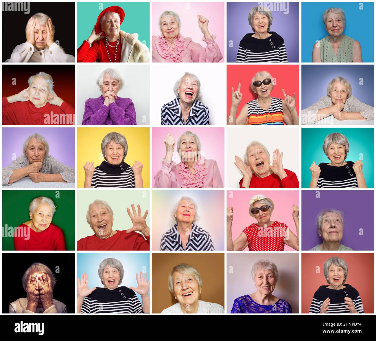 The collage from different emotions of senior woman Stock Photo