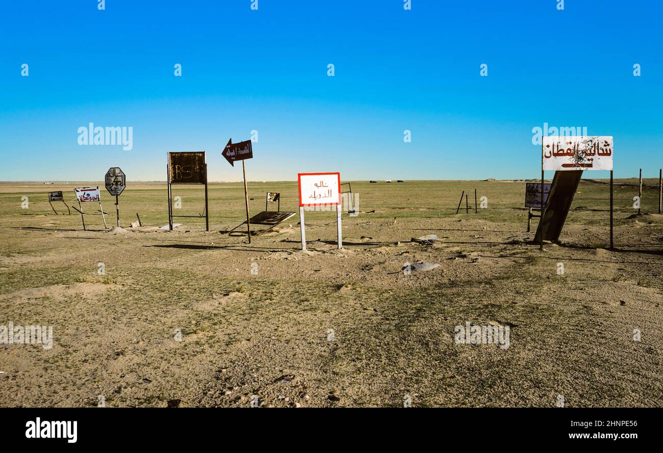 old traffic signs in the desert near Kuwait City Stock Photo