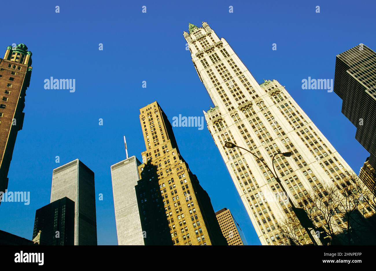 view to skyscraper and twin towers in New York Stock Photo