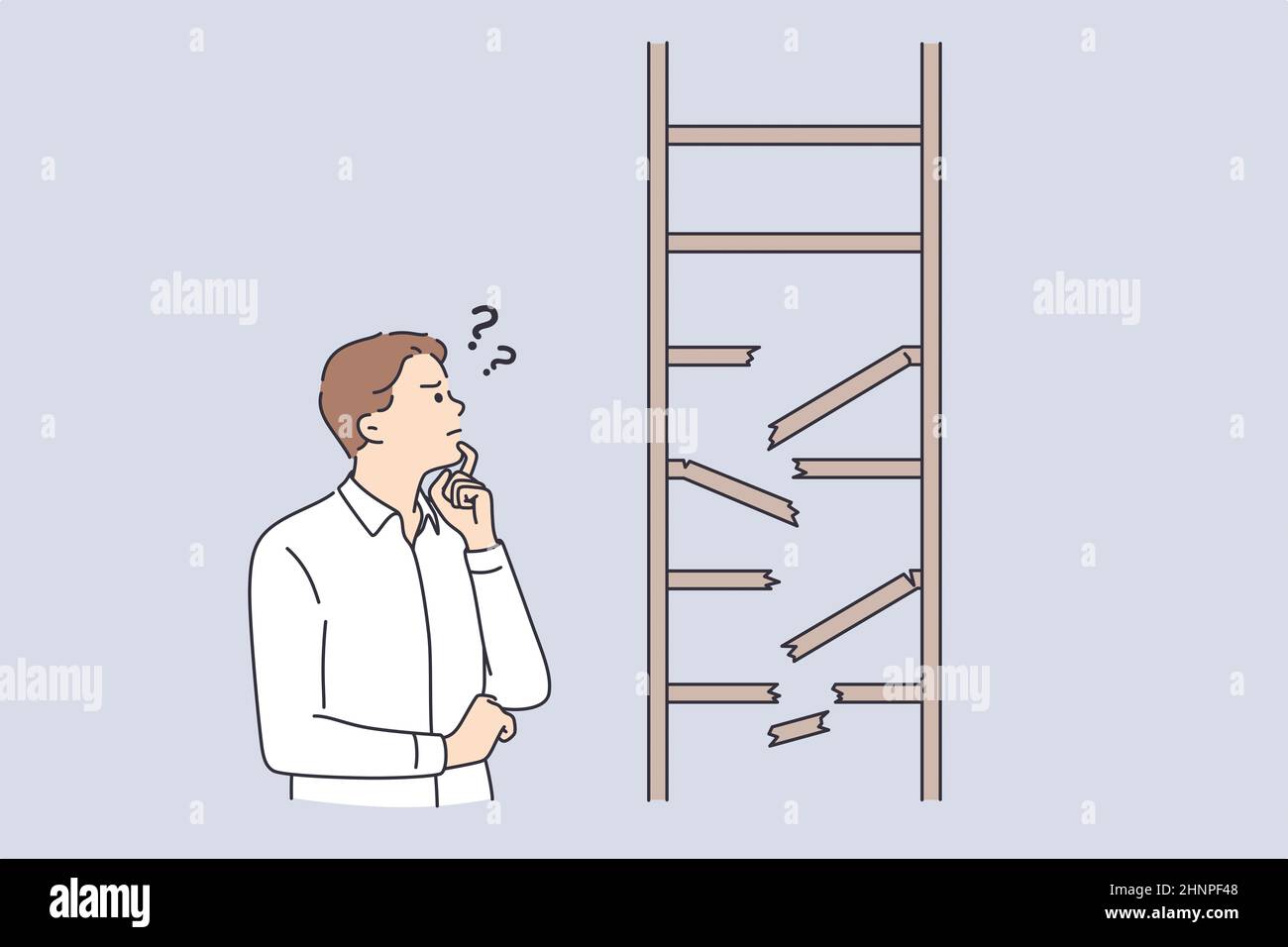Frustration, business strategy, doubt concept. Young frustrated businessman cartoon character standing looking at broken ladder feeling not confident Stock Photo