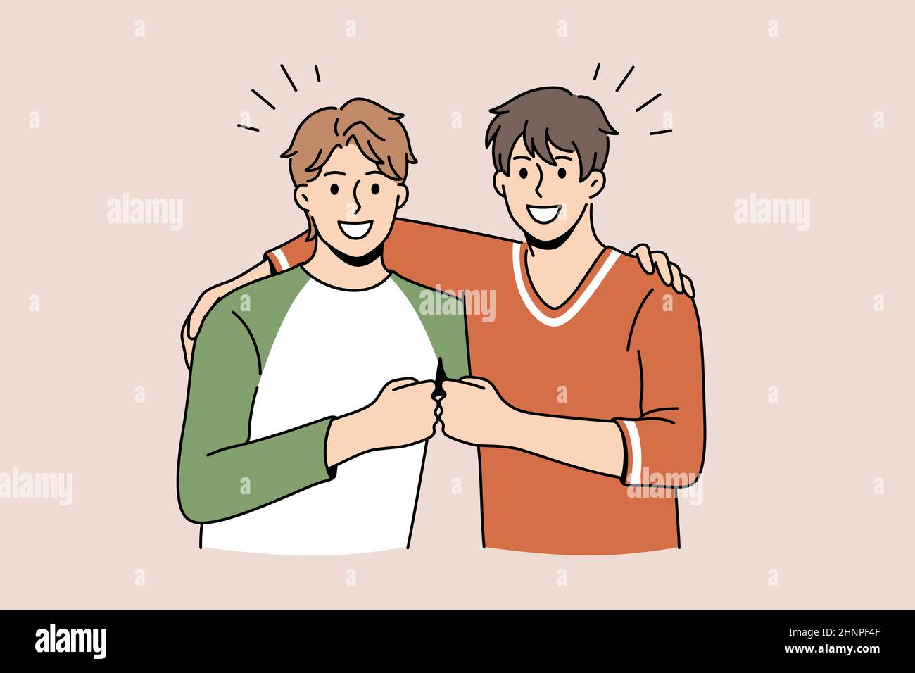 Friendship and positive emotions concept. Two young smiling happy men