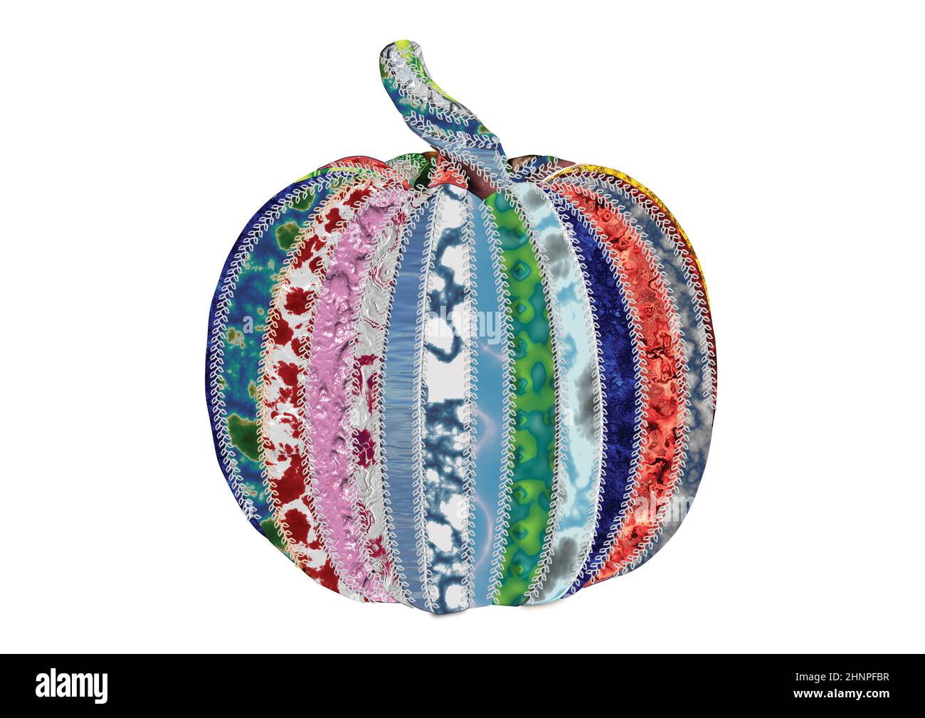 A drawing of a pumpkin decorated in a bohemian style with many colors and patterns of fabric stitched together Stock Photo