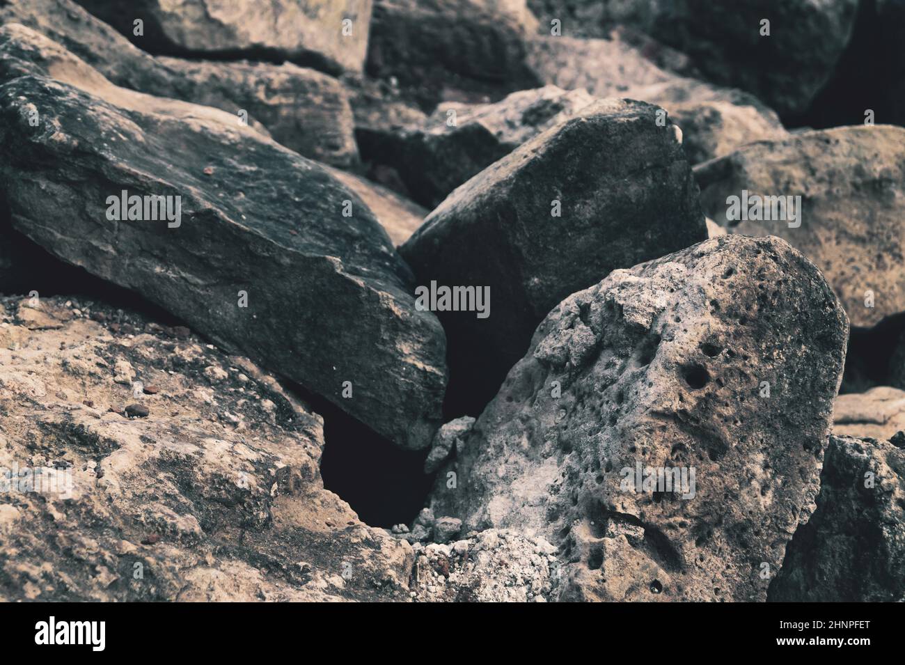 Detroyed Stack Rocks Pile of stones background. heap of rocks. ruins of destroyed buildings ...