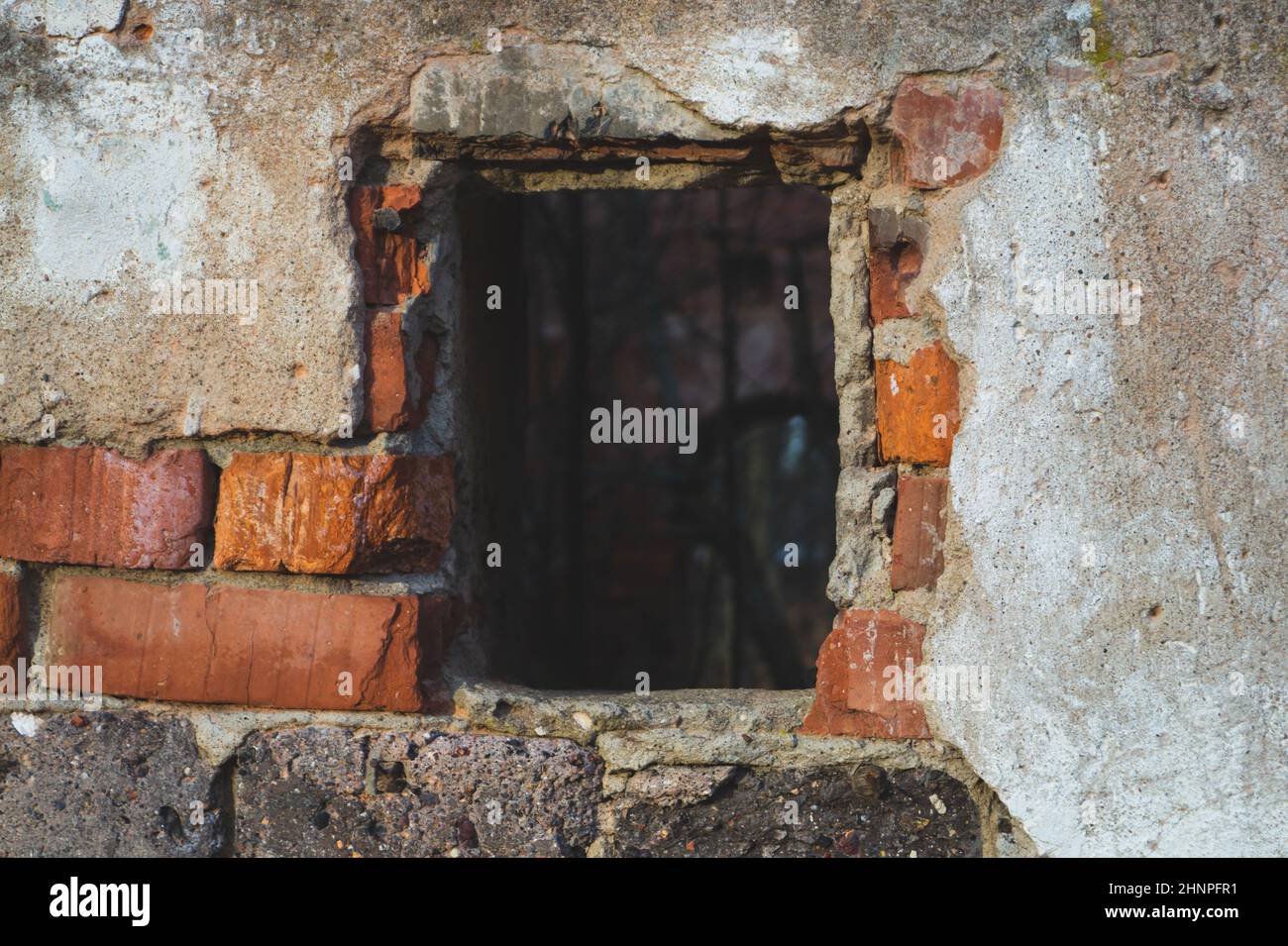 Old window in red brick wall of ruined building Stock Photo - Alamy