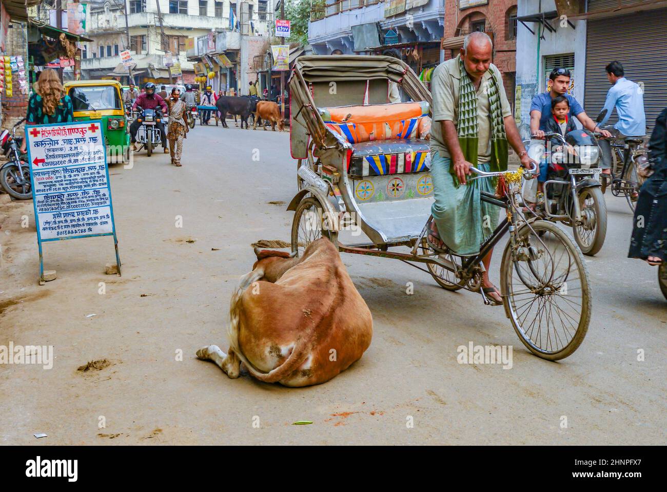 cow relaxes at the street and all people have to give way to the cow. Stock Photo