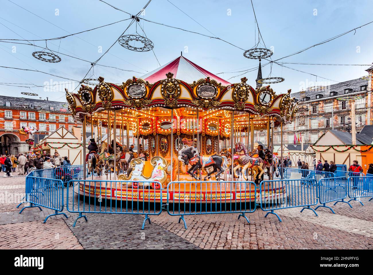 carousell for children in the evening at the plaza de Mayor in Madrid Stock Photo