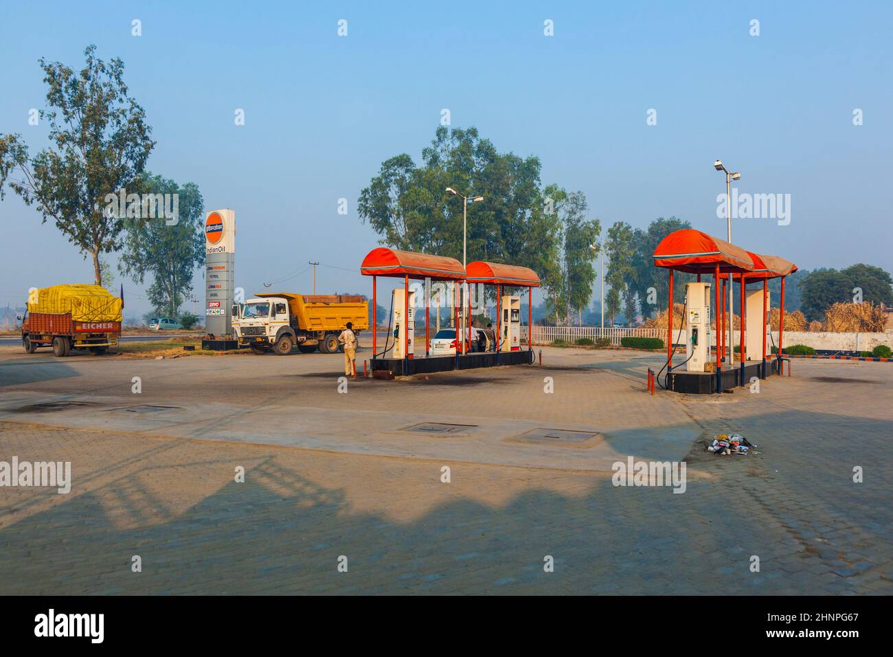 petrol station in early morning light on the Highway Stock Photo