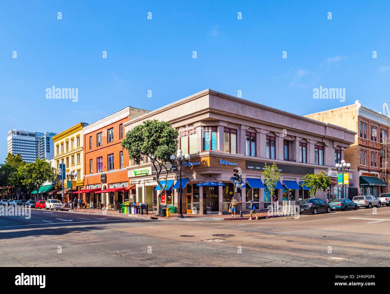 facade of historic houses in the gaslamp quarter in San Diego Stock