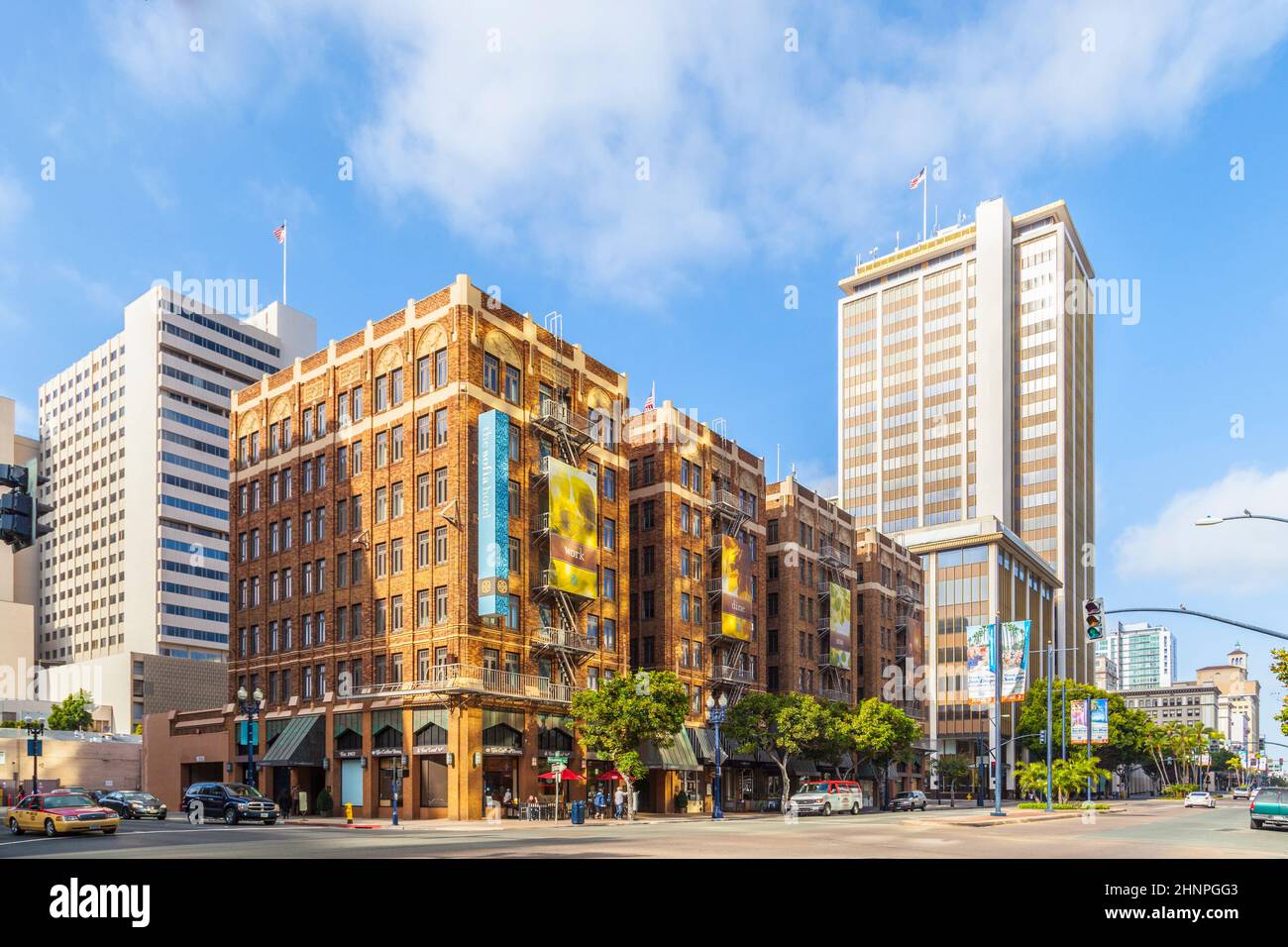 facade of historic houses in the gaslamp quarter in San Diego Stock