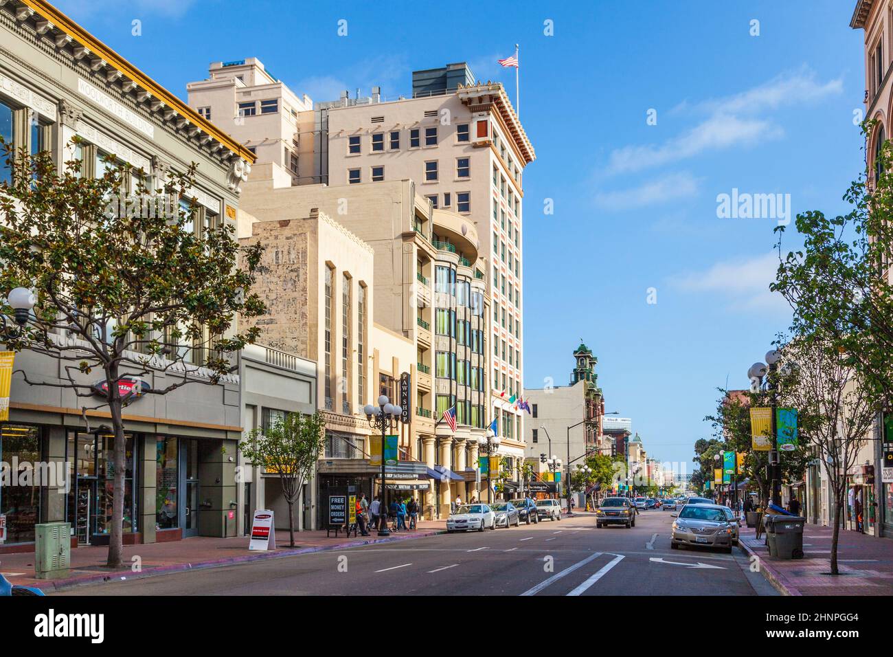 facade of historic houses in the gaslamp quarter in San Diego Stock