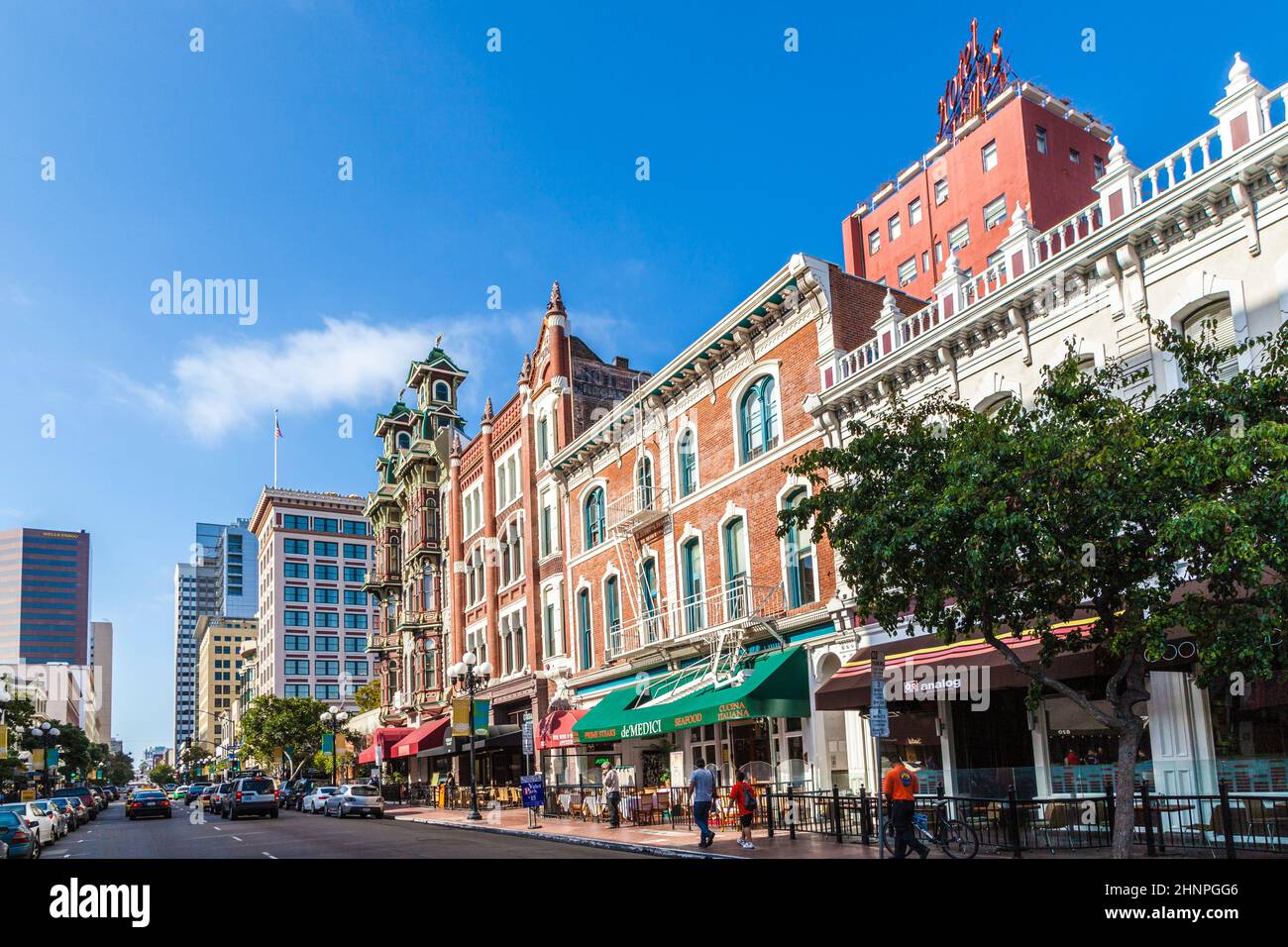 facade of historic houses in the gaslamp quarter Stock Photo