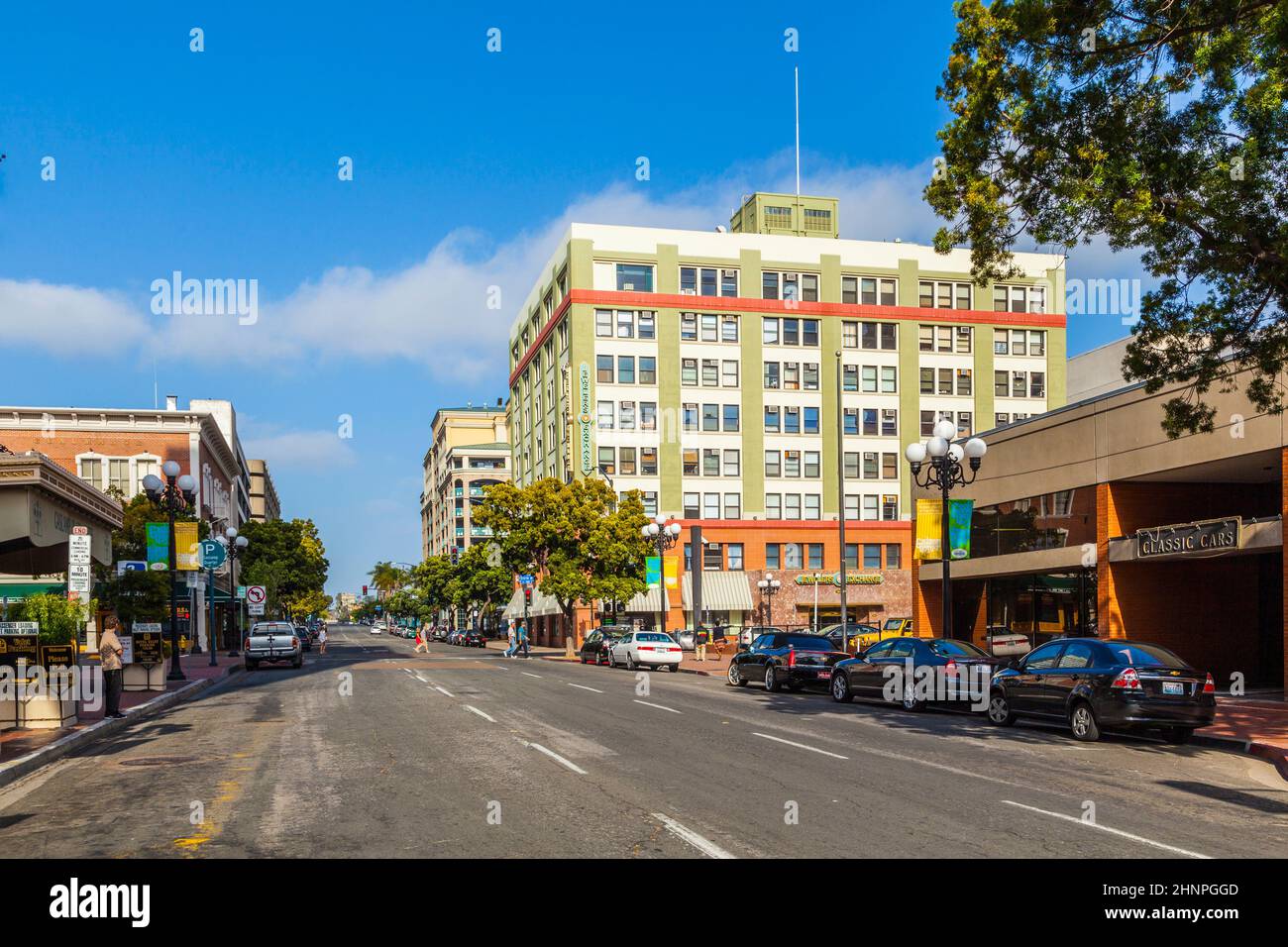 facade of historic houses in the gaslamp quarter in San Diego Stock