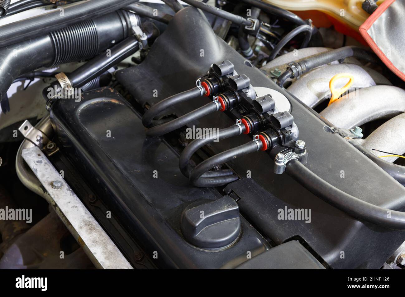 Gas lpg system close up. Four pipe direct injection of fuel or lpg