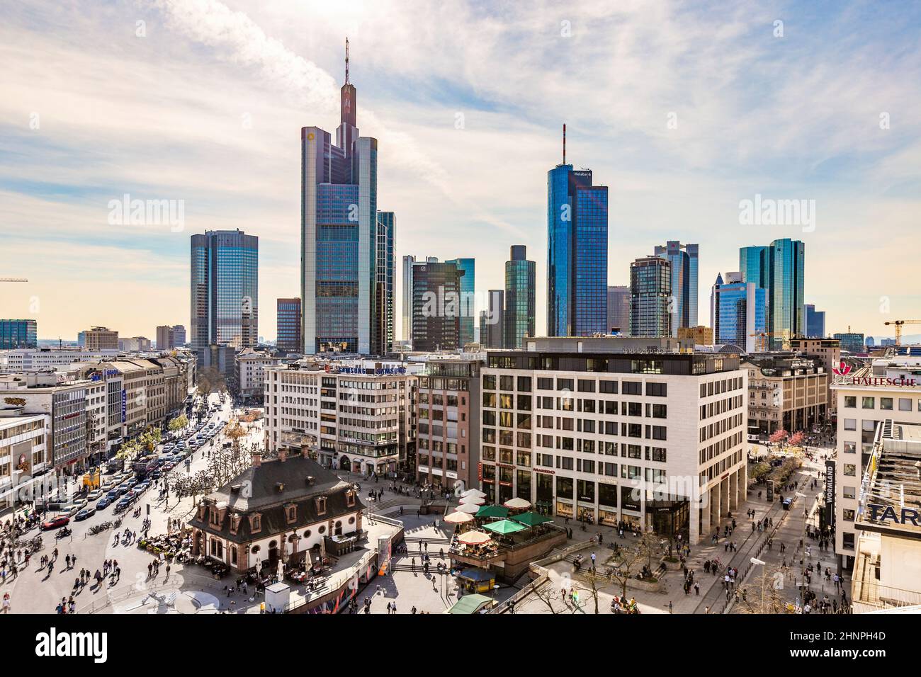 view from observation platform to skyline of Frankfurt with Hauptwache Stock Photo