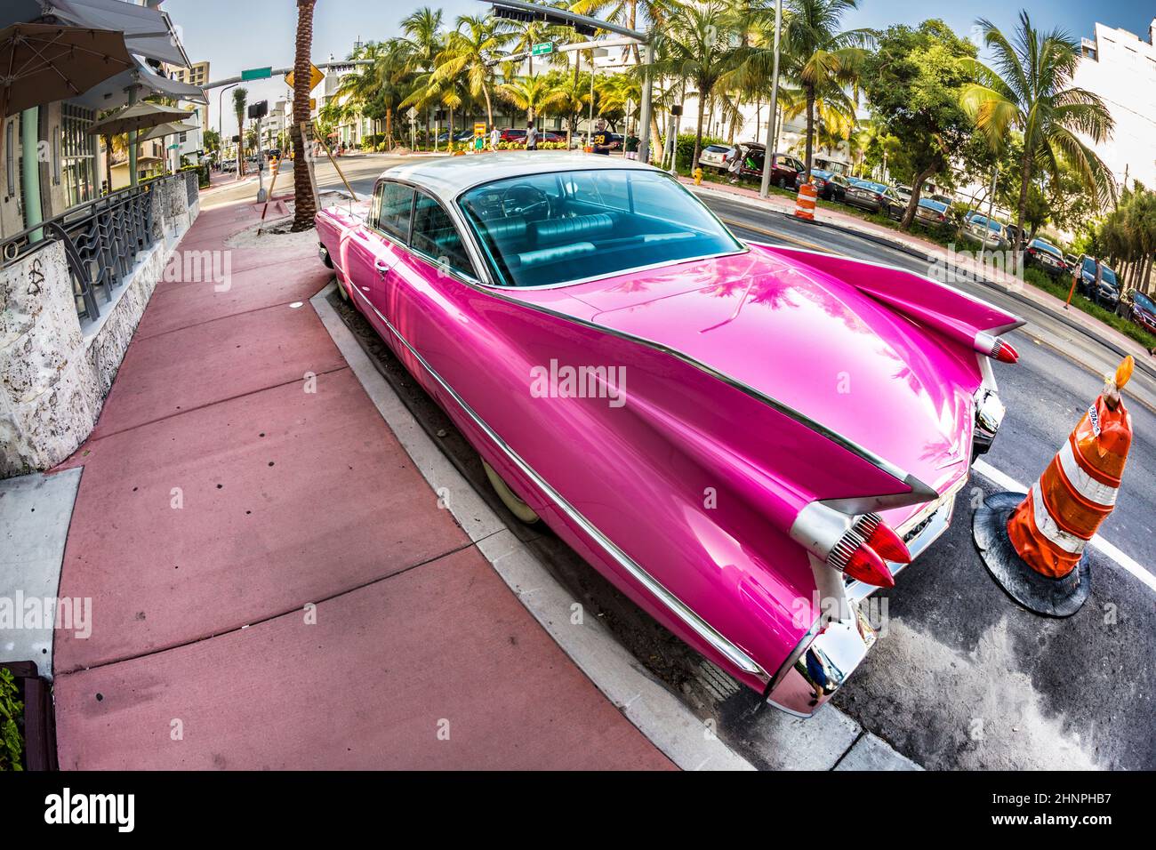 Cadillac Vintage car parked at Ocean Drive in Miami Beach Stock Photo