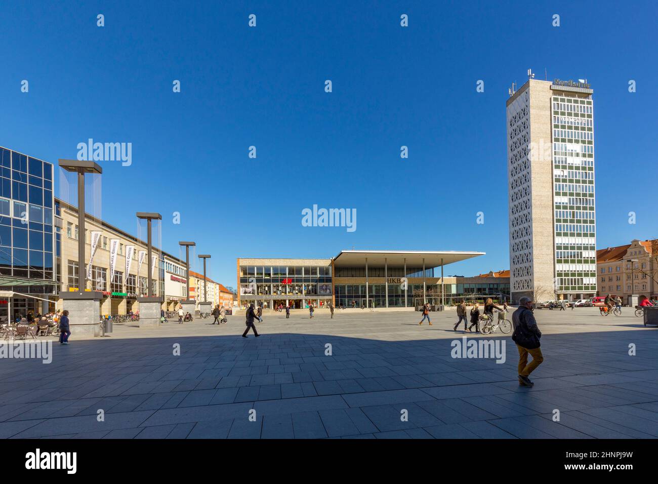 central market place with socialistic art buildings in Neubrandenburg, Germany. Stock Photo