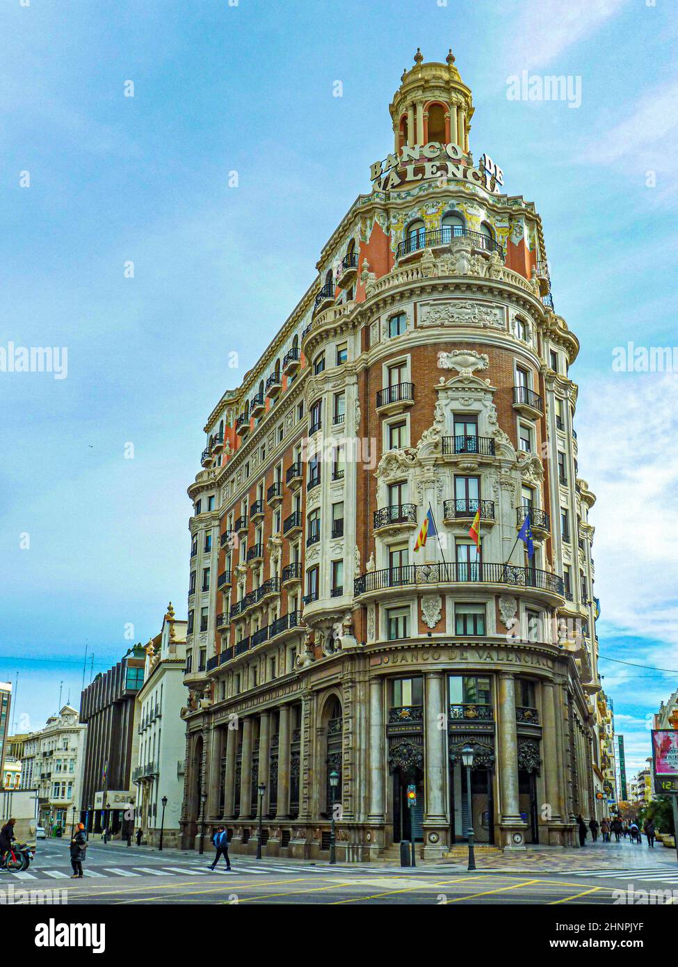view of the stunning exterior of the headquarters of the Banco de Valencia, or Bank of Valencia, in the historic city of Valencia Stock Photo